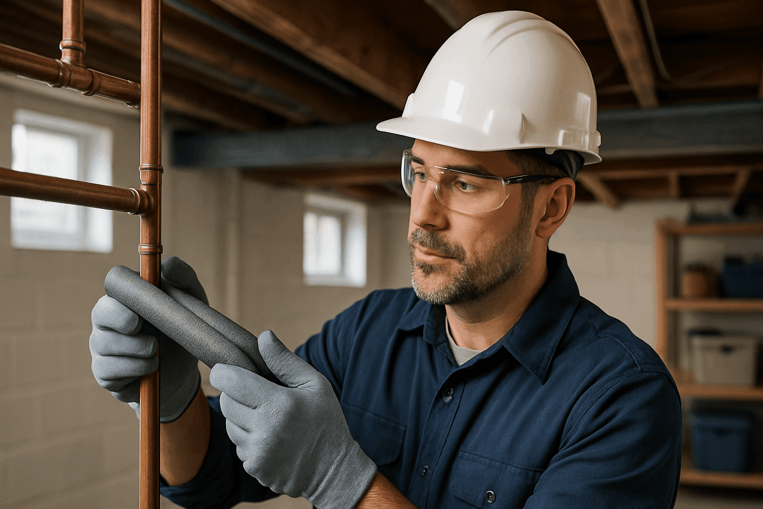 Plumber insulating water pipes in basement for winter