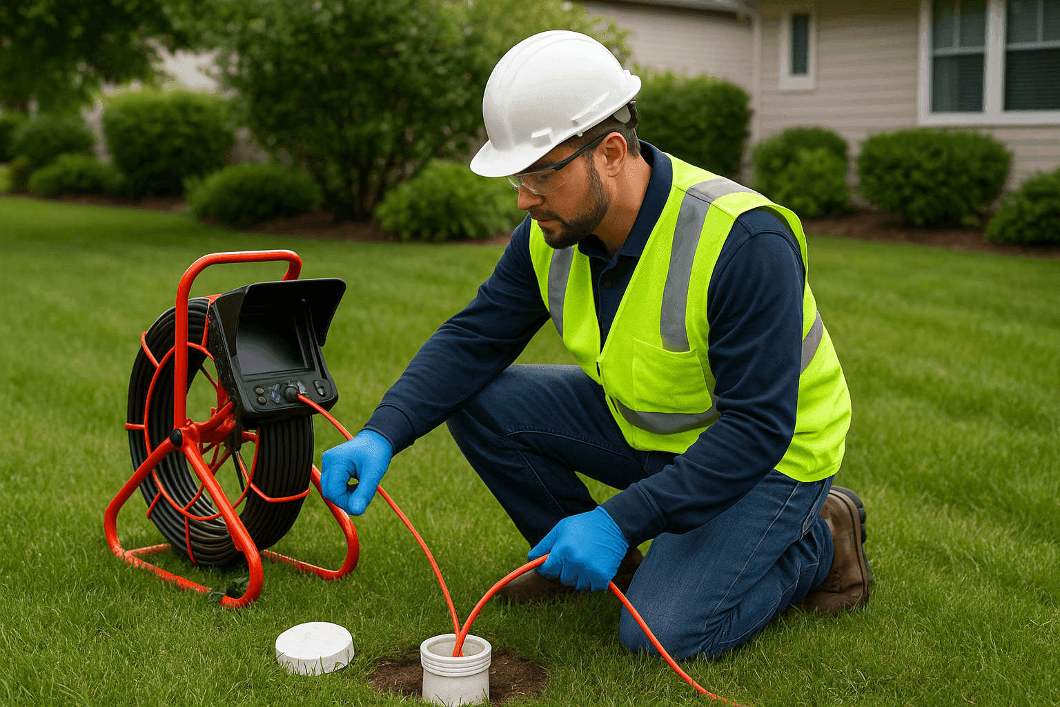 Plumber inspecting sewer line access point with camera equipment in residential yard