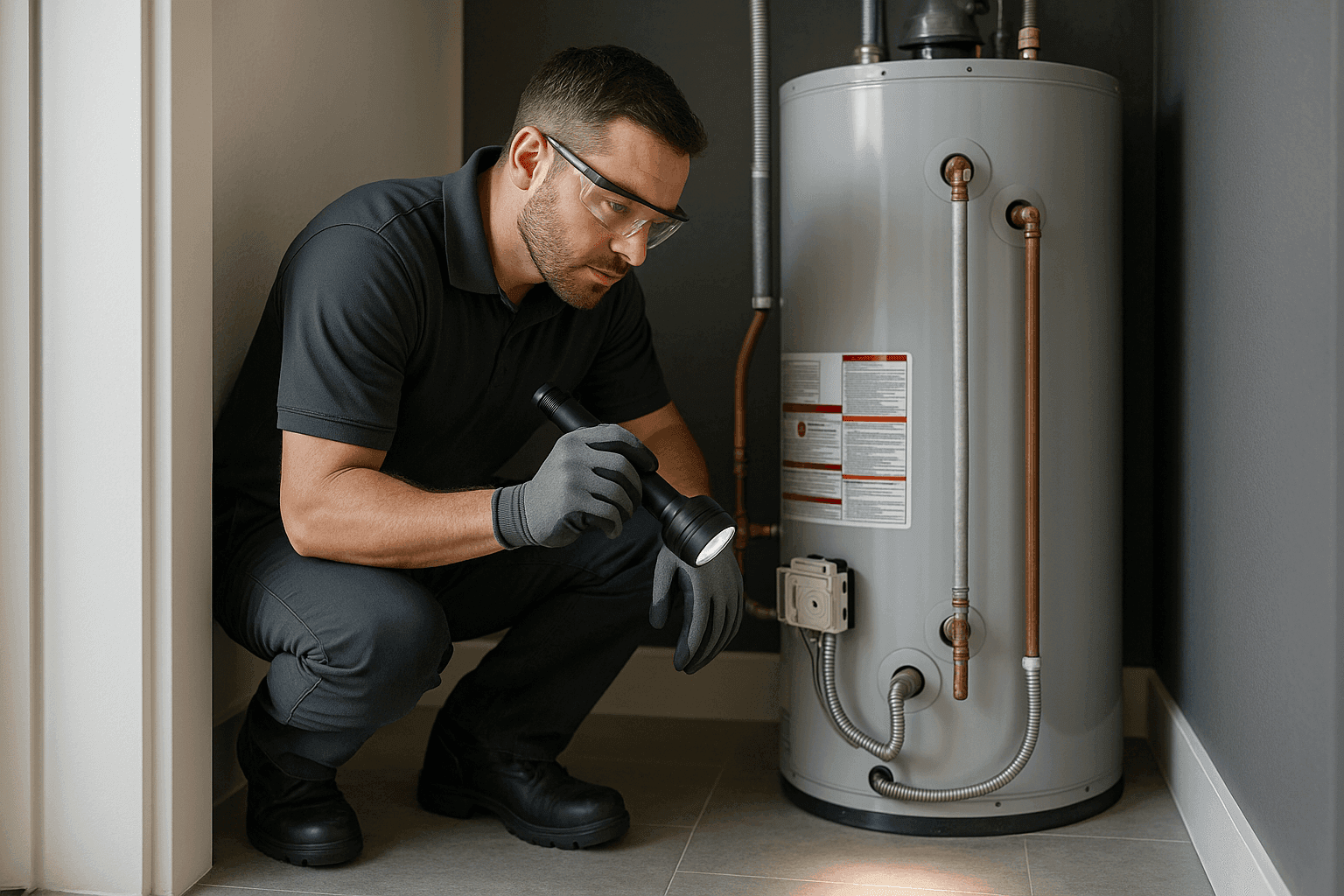 Technician examining residential water heater for signs of damage