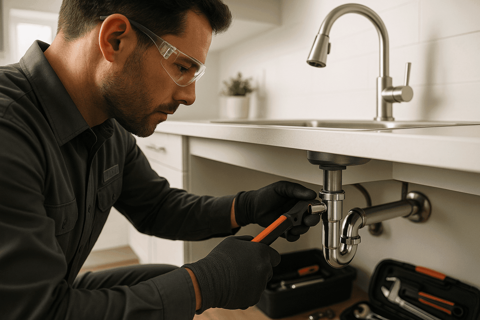 Plumber in gray uniform tightening pipe under kitchen sink in clean residential plumbing scene in Wanblee